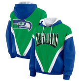 Seattle Seahawks WEAR by Erin Andrews Women's Plus Size Retro Crinkle Full-Zip Hoodie Windbreaker Jacket Kelly Green/Royal | NFL