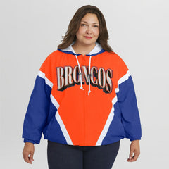 Denver Broncos WEAR by Erin Andrews Women's Plus Size Retro Crinkle Full-Zip Hoodie Windbreaker Jacket Orange/Royal | NFL