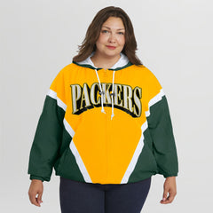 Green Bay Packers WEAR by Erin Andrews Women's Plus Size Retro Crinkle Full-Zip Hoodie Windbreaker Jacket Gold/Green | NFL