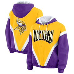 Minnesota Vikings WEAR by Erin Andrews Women's Plus Size Retro Crinkle Full-Zip Hoodie Windbreaker Jacket Gold/Purple | NFL