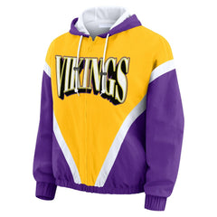 Minnesota Vikings WEAR by Erin Andrews Women's Plus Size Retro Crinkle Full-Zip Hoodie Windbreaker Jacket Gold/Purple | NFL