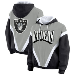 Las Vegas Raiders WEAR by Erin Andrews Women's Plus Size Retro Crinkle Full-Zip Hoodie Windbreaker Jacket Black/Gray | NFL