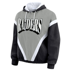 Las Vegas Raiders WEAR by Erin Andrews Women's Plus Size Retro Crinkle Full-Zip Hoodie Windbreaker Jacket Black/Gray | NFL