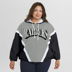 Las Vegas Raiders WEAR by Erin Andrews Women's Plus Size Retro Crinkle Full-Zip Hoodie Windbreaker Jacket Black/Gray | NFL