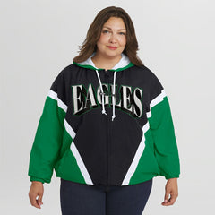 Philadelphia Eagles WEAR by Erin Andrews Women's Plus Size Retro Crinkle Full-Zip Hoodie Windbreaker Jacket Kelly Green/Black | NFL
