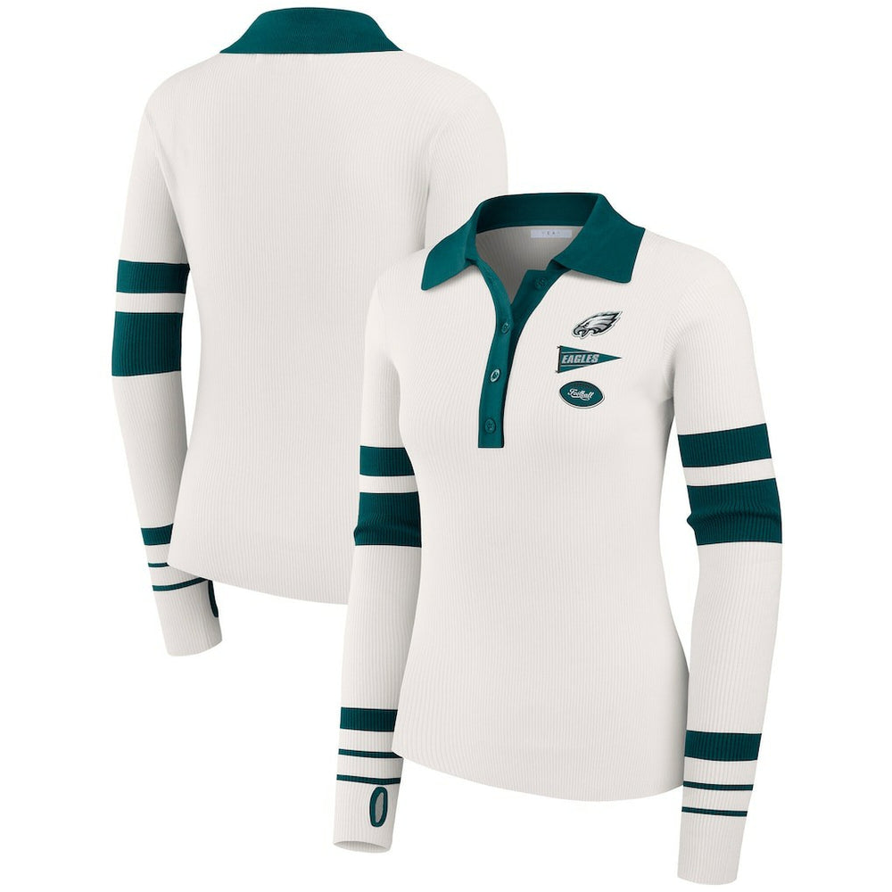 Philadelphia Eagles WEAR by Erin Andrews Women's Ribbed Henley Polo Sweater White | NFL