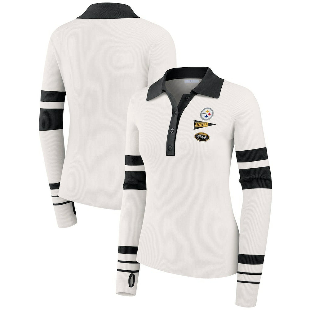 Pittsburgh Steelers WEAR by Erin Andrews Women's Ribbed Henley Polo Sweater White | NFL