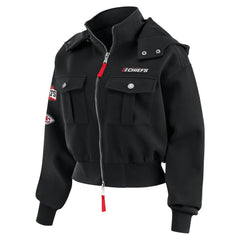 Kansas City Chiefs WEAR by Erin Andrews Women's Tri-Blend Patch Pocket Cropped Full-Zip Bomber Hoodie Jacket Black | NFL