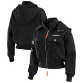 Cincinnati Bengals WEAR by Erin Andrews Women's Tri-Blend Patch Pocket Cropped Full-Zip Bomber Hoodie Jacket Black | NFL