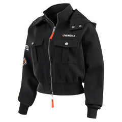 Cincinnati Bengals WEAR by Erin Andrews Women's Tri-Blend Patch Pocket Cropped Full-Zip Bomber Hoodie Jacket Black | NFL