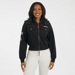 Cincinnati Bengals WEAR by Erin Andrews Women's Tri-Blend Patch Pocket Cropped Full-Zip Bomber Hoodie Jacket Black | NFL