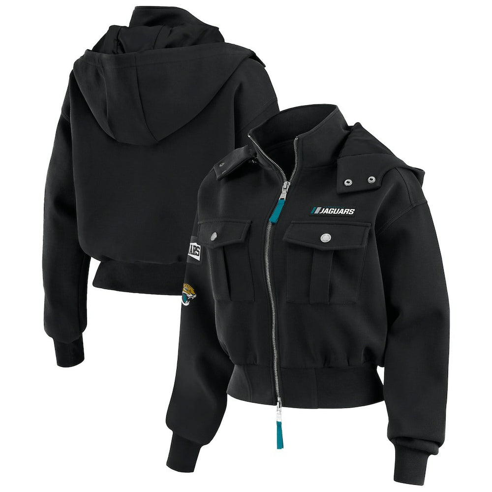 Jacksonville Jaguars WEAR by Erin Andrews Women's Tri-Blend Patch Pocket Cropped Full-Zip Bomber Hoodie Jacket Black | NFL