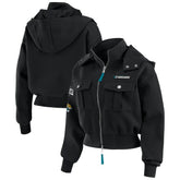 Jacksonville Jaguars WEAR by Erin Andrews Women's Tri-Blend Patch Pocket Cropped Full-Zip Bomber Hoodie Jacket Black | NFL