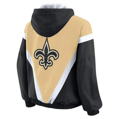 New Orleans Saints WEAR by Erin Andrews Women's Retro Crinkle Full-Zip Hoodie Windbreaker Gold/Black | NFL
