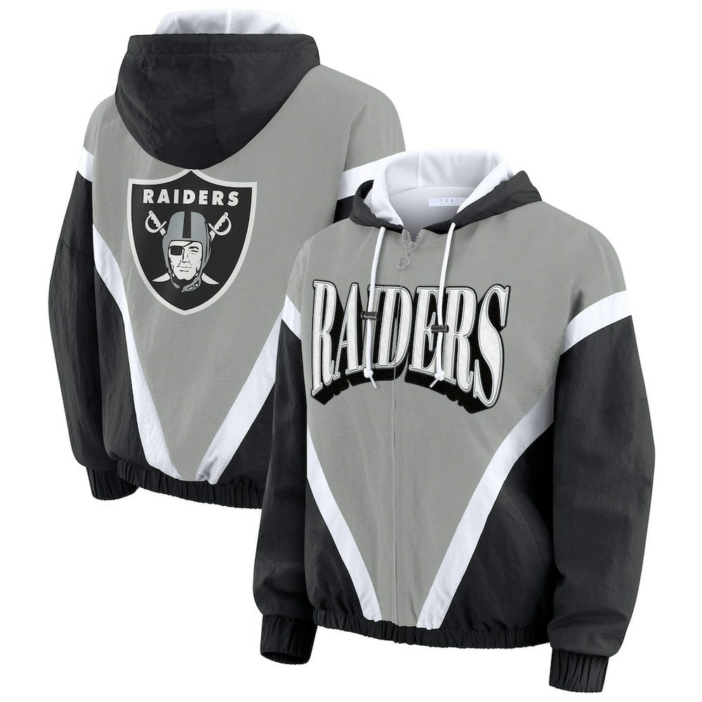 Las Vegas Raiders WEAR by Erin Andrews Women's Retro Crinkle Full-Zip Hoodie Windbreaker Black/Silver | NFL
