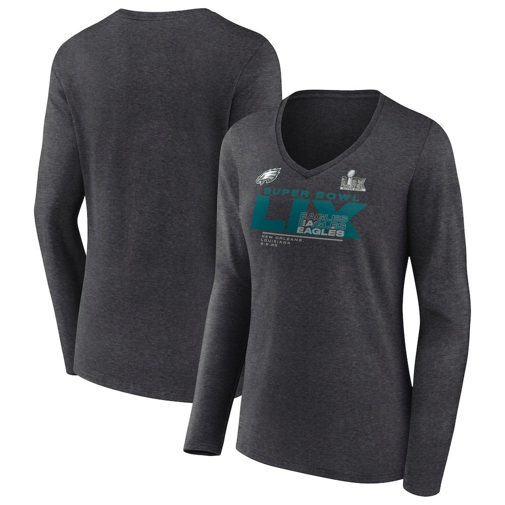 Philadelphia Eagles Women's Super Bowl LIX Quick Pass Long Sleeve V-Neck T-Shirt Heather Charcoal | Fanatics