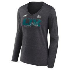 Philadelphia Eagles Women's Super Bowl LIX Quick Pass Long Sleeve V-Neck T-Shirt Heather Charcoal | Fanatics