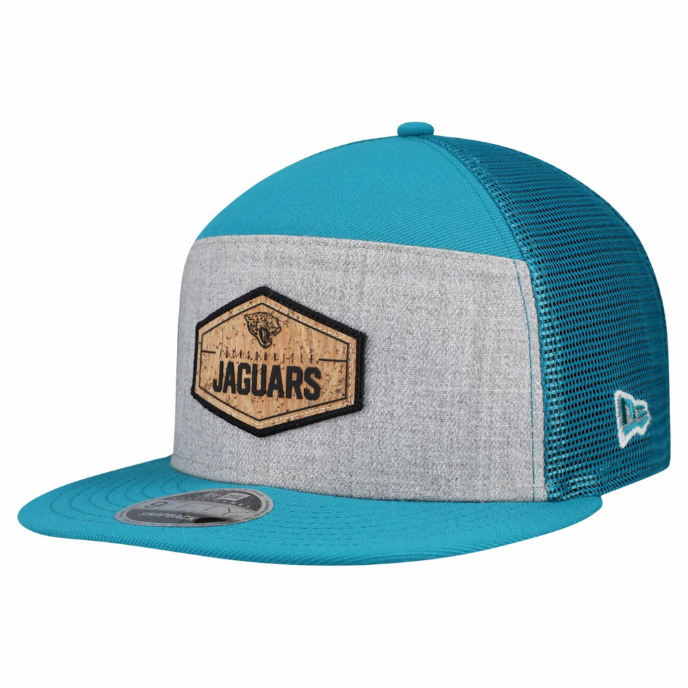 Jacksonville Jaguars New Era Cork Split Panel 9FIFTY Trucker Snapback Hat Gray/Teal | NFL