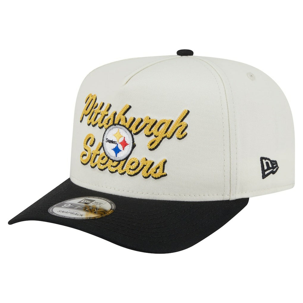Pittsburgh Steelers New Era Chainstitch A-Frame 9FIFTY Adjustable Hat Cream/Black | NFL