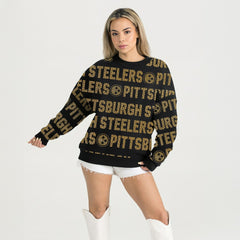 Pittsburgh Steelers Gameday Couture Women's Oversized Hype Era Rhinestone Text Sweatshirt Black | NFL