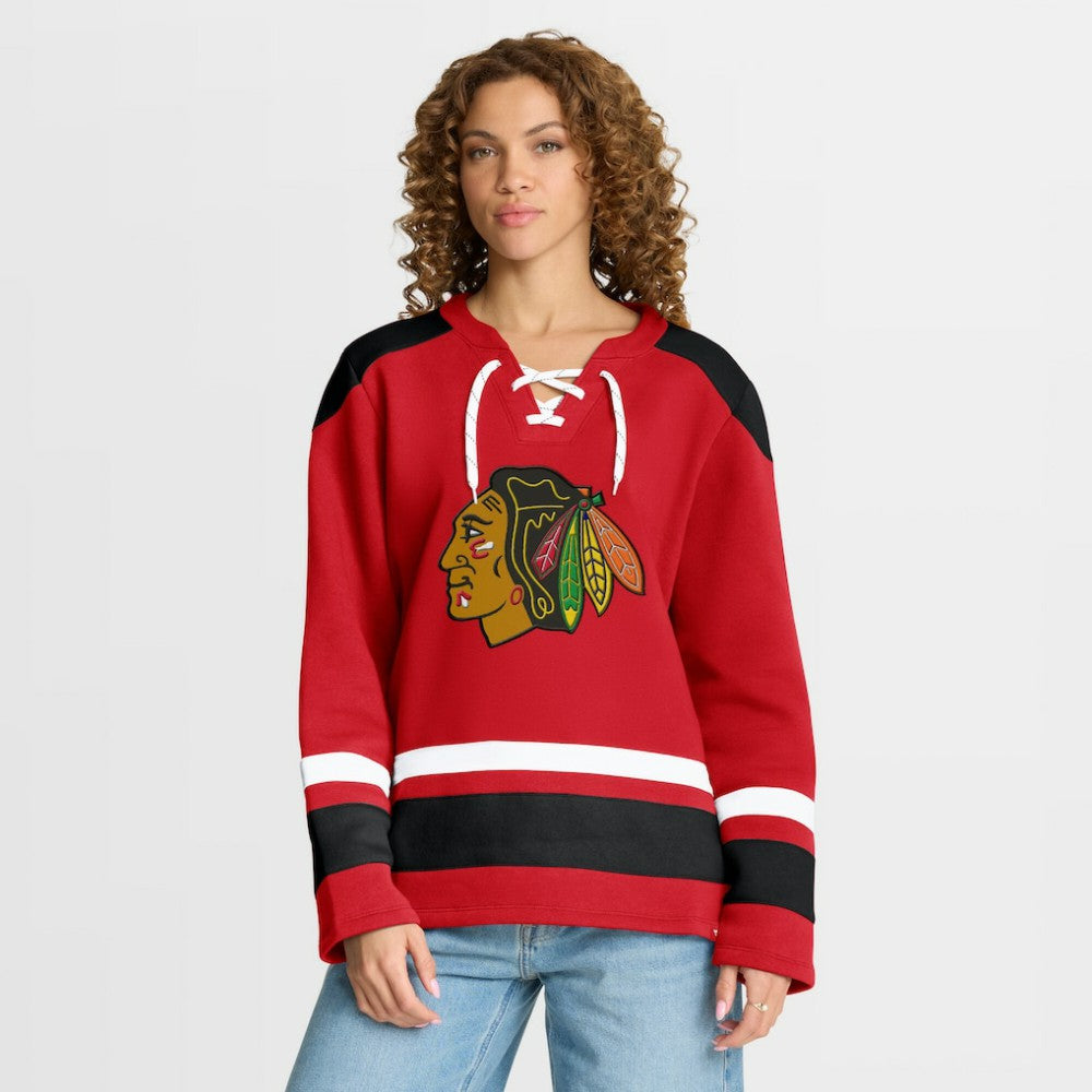 Chicago Blackhawks Fanatics Women's Icing Long Sleeve Lace Up Sweatshirt - Athletic Red - NHL