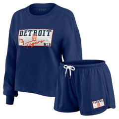 Detroit Tigers WEAR by Erin Andrews Women's Heavy Rugby Jersey Cropped Long Sleeve T-Shirt & Shorts Lounge Set - MLB