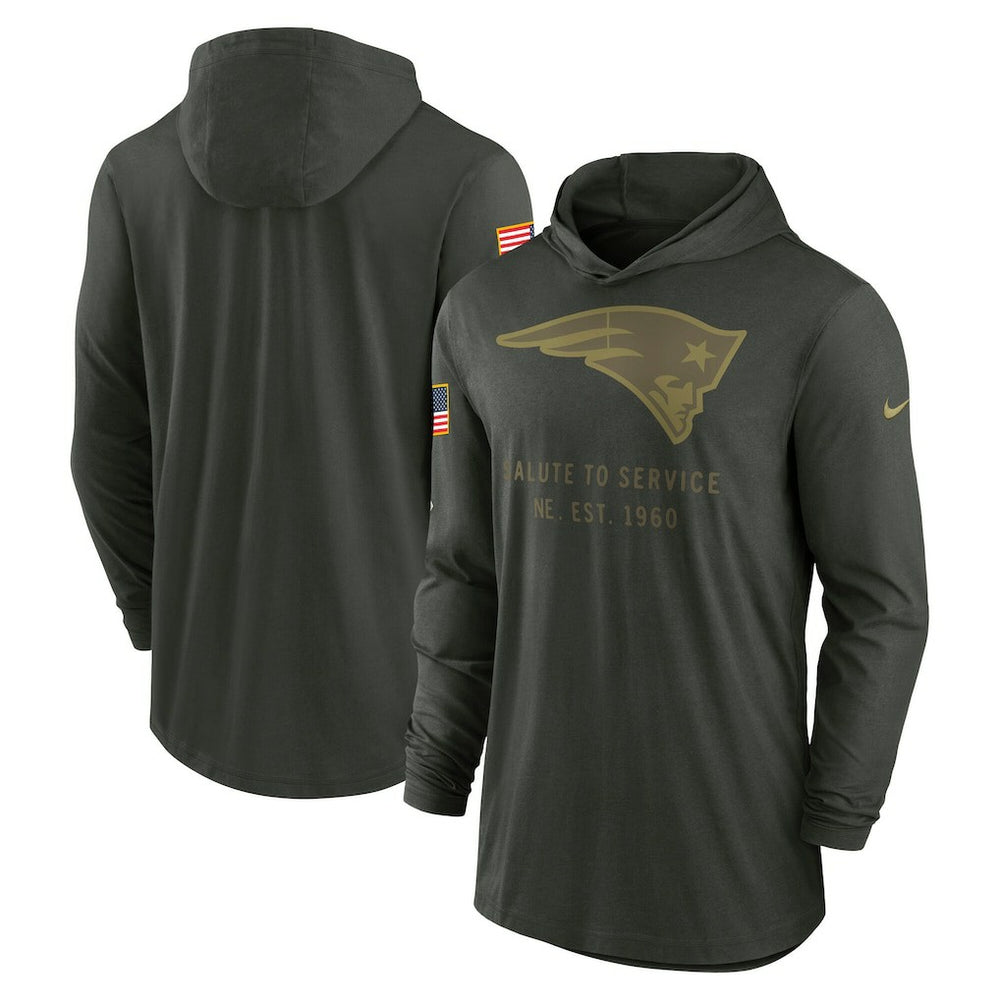 New England Patriots 2025 Salute to Service Sideline Dri-FIT Lightweight Hooded Pullover Forest Green | Nike for Sale