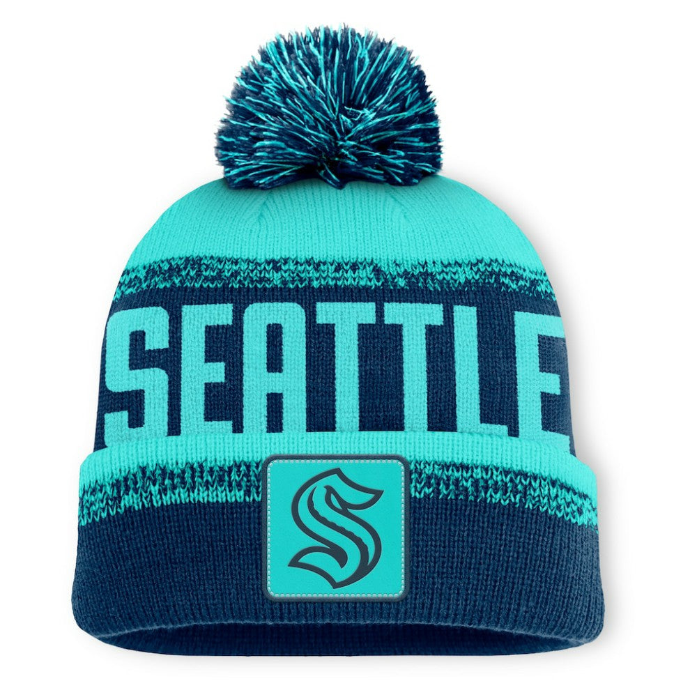 Seattle Kraken Fanatics Fundamentals Thrive Cuffed Knit Hat with Pom - Deep Sea Blue/Light Blue - NHL