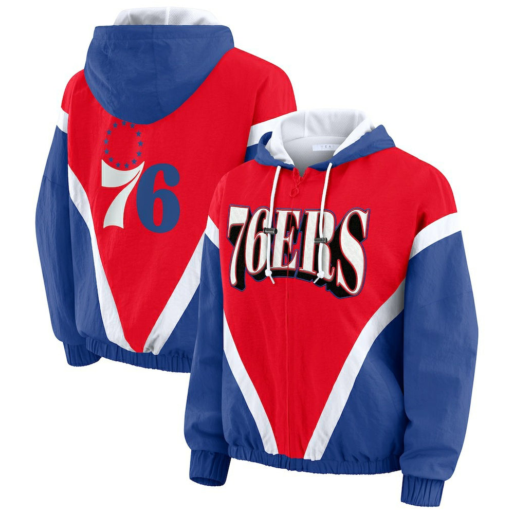 Philadelphia 76ers WEAR by Erin Andrews Women's Colorblock Full-Zip Hoodie Windbreaker Jacket Red/Royal - NBA
