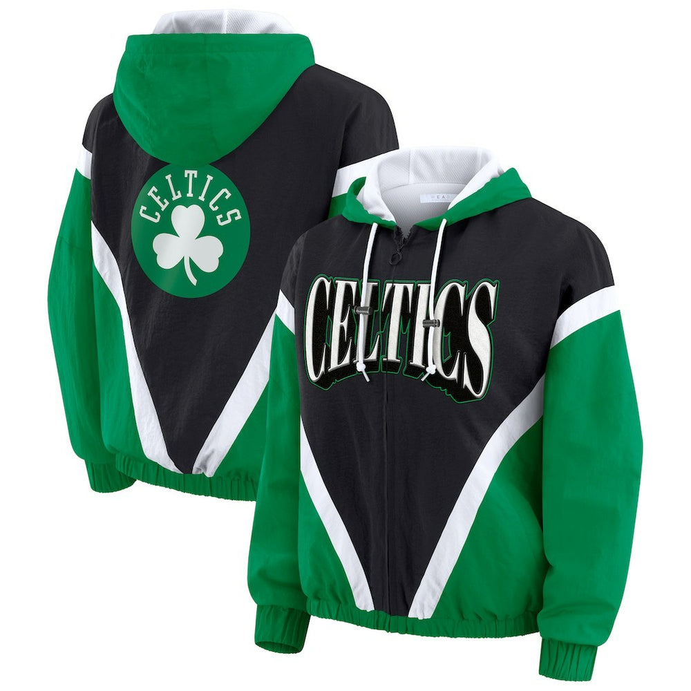 Boston Celtics WEAR by Erin Andrews Women's Colorblock Full-Zip Hoodie Windbreaker Jacket Black/Kelly Green - NBA
