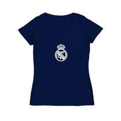 Real Madrid Vive La Fete Women's Color Badge V-Neck Fitted T-Shirt Navy - FIFA World CUP
