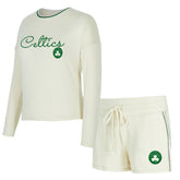 Boston Celtics Concepts Sport Women's Kaki Hacci Knit Long Sleeve Top & Shorts Set Cream - NBA