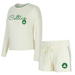 Boston Celtics Concepts Sport Women's Kaki Hacci Knit Long Sleeve Top & Shorts Set Cream - NBA