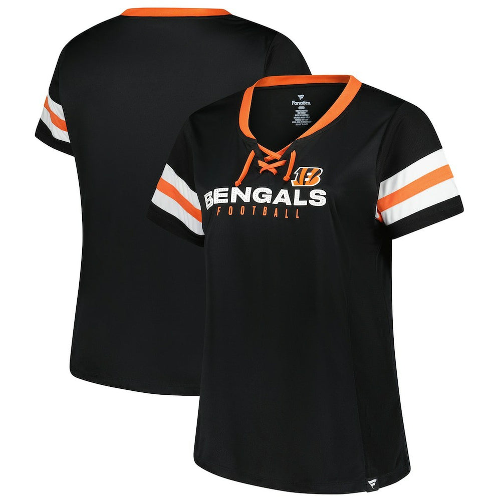 Cincinnati Bengals Women's Plus Size Red Zone Athena Lace-Up V-Notch Neck T-Shirt Black | Fanatics