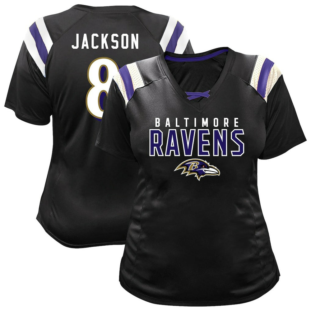 Lamar Jackson Baltimore Ravens Women's Plus Size Name & Number Raglan Lace V-Neck T-Shirt Black | Fanatics