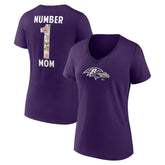 Baltimore Ravens Women's Number 1 Mom Floral V-Neck T-Shirt Purple | NFL