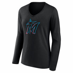 Miami Marlins Women's Logo Long Sleeve V-Neck T-Shirt - MLB