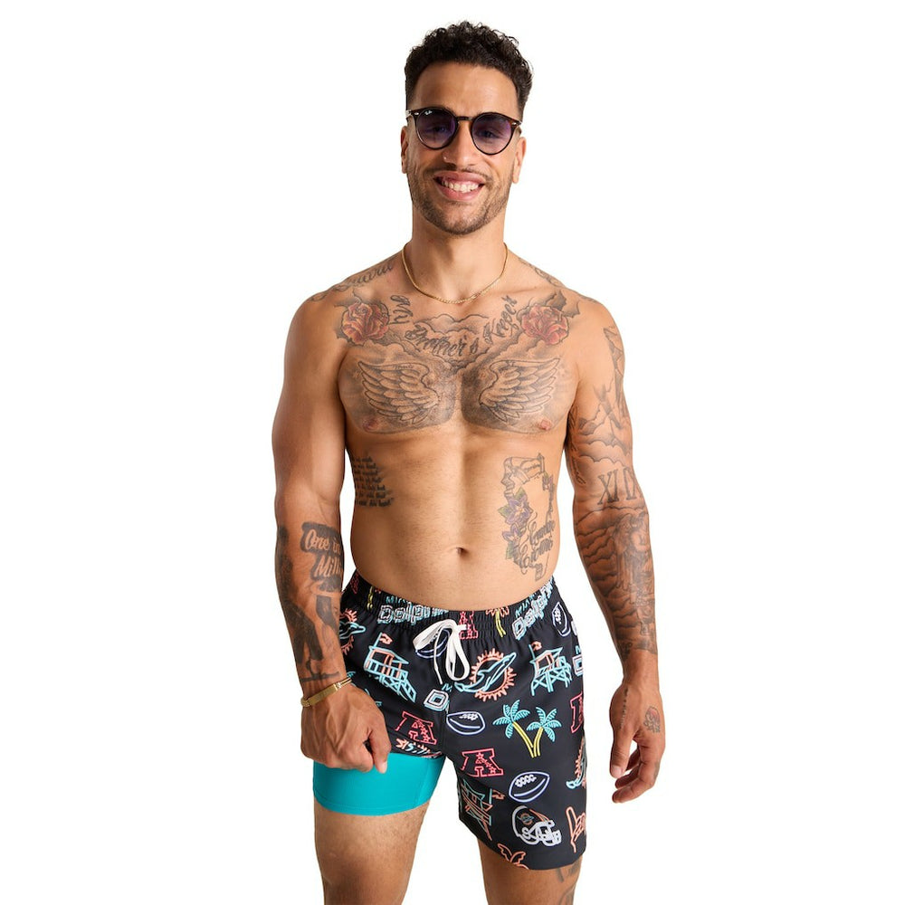 Miami Dolphins Chubbies The Neon 5.5" Classic Lined Swim Trunks Black | NFL