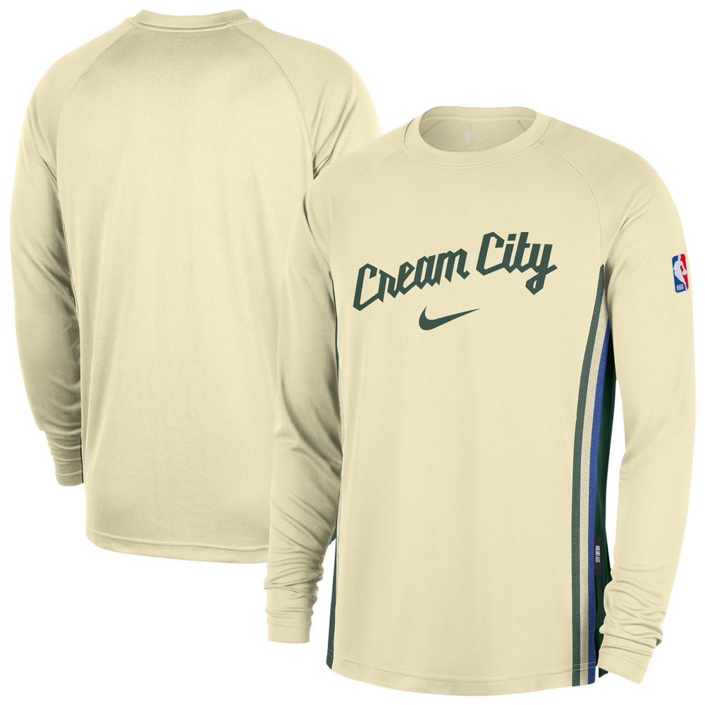 Milwaukee Bucks 2025/26 City Edition Authentic Pregame Dri-FIT Long Sleeve Shooting T-Shirt Cream - NBA