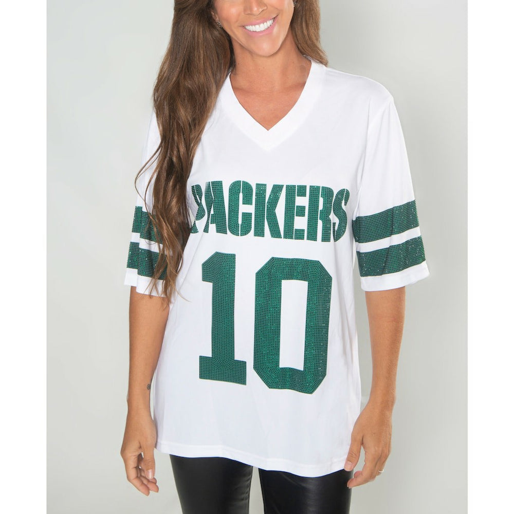 Jordan Love Green Bay Packers Cuce Women's Crystal V-Neck Tunic White | NFL