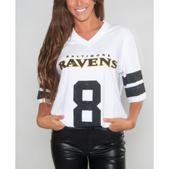 Lamar Jackson Baltimore Ravens Cuce Women's Crystal V-Neck Tunic White | NFL
