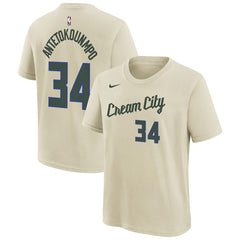 Giannis Antetokounmpo Milwaukee Bucks Youth 2025/26 City Edition Name & Number T-Shirt Cream - NBA