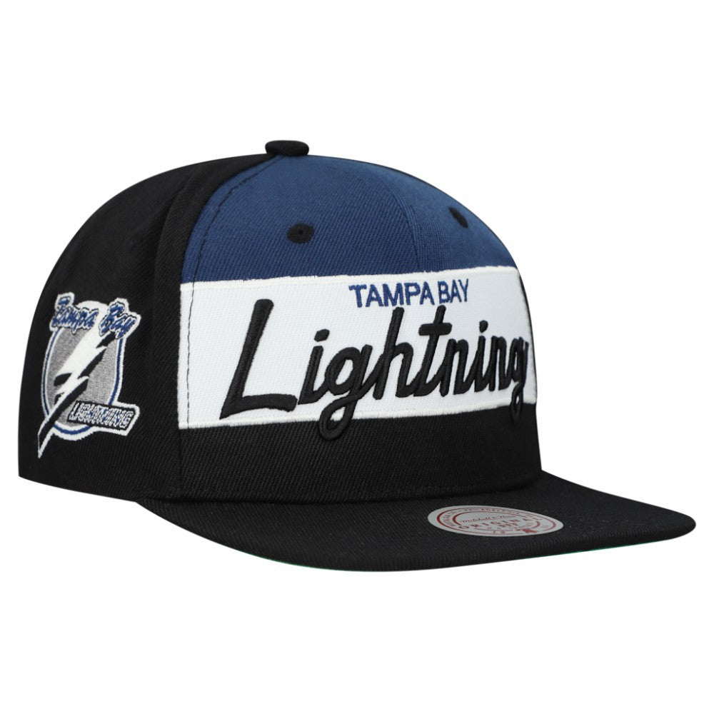 Tampa Bay Lightning Mitchell & Ness Retro Script Colorblock Snapback Hat - Black - NHL