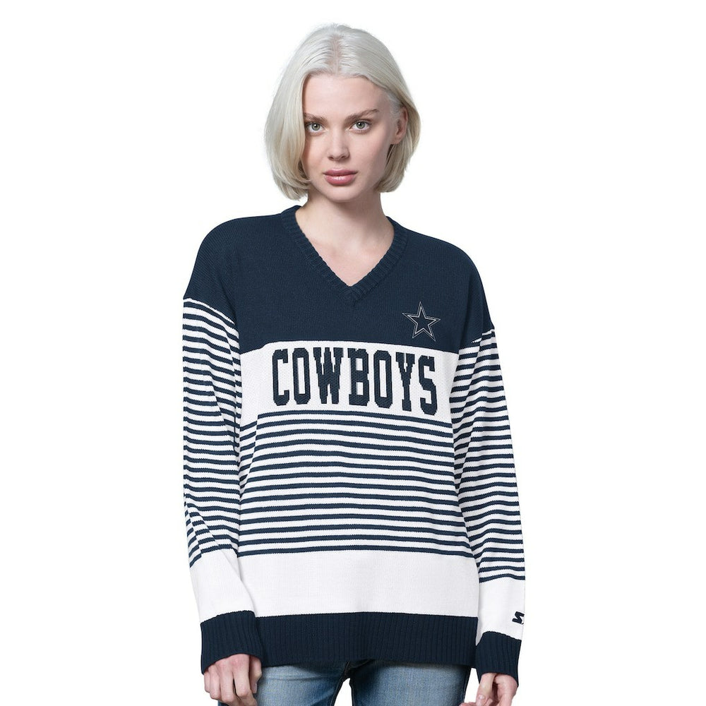 Dallas Cowboys Starter Women's No Huddle Striped V-Neck Sweater Navy | NFL