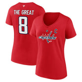Alexander Ovechkin Washington Capitals Fanatics Women's NHL All-Time Leading Goal Scorer The Great 8 Name & Number V-Neck T-Shirt - Red - NHL