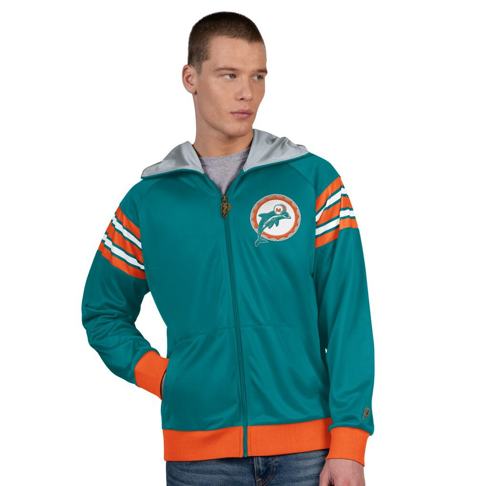 Miami Dolphins Pro Player Retro Helmet Full-Zip Hooded Track Jacket Aqua/Coral | NFL