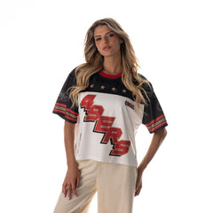 San Francisco 49ers The Wild Collective Women's Boxy Cropped Mesh T-Shirt White | NFL
