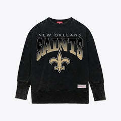 New Orleans Saints Women's Delineate Mineral Wash Crewneck Sweatshirt Black | Mitchell & Ness
