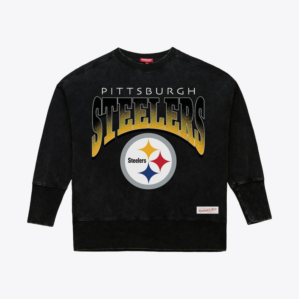 Pittsburgh Steelers Women's Delineate Mineral Wash Crewneck Sweatshirt Black | Mitchell & Ness