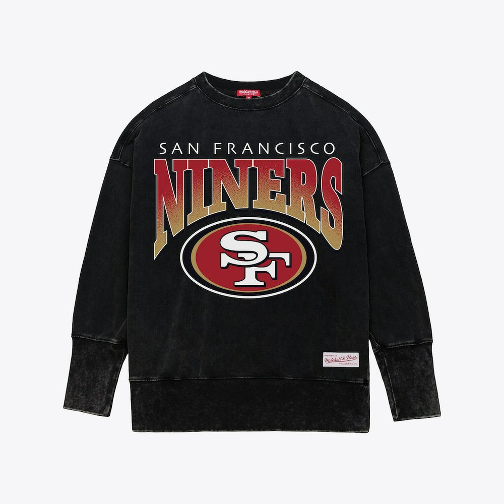 San Francisco 49ers Women's Delineate Mineral Wash Crewneck Sweatshirt Black | Mitchell & Ness